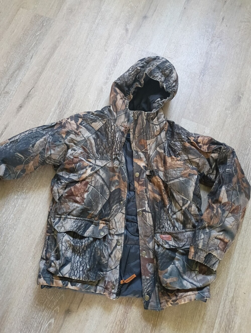 Woolrich Kids Hooded Camo Jacket in Brown and Green